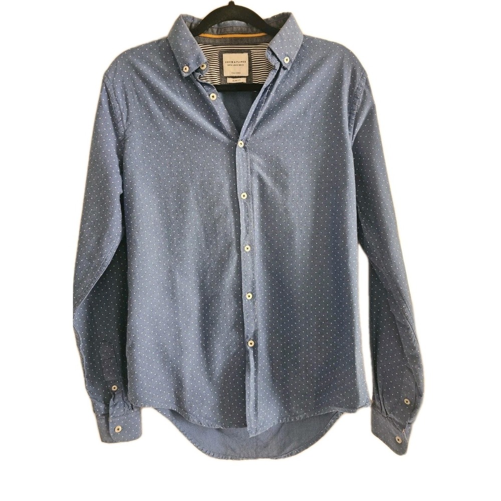 Men's‎ Medium Button Up 100% Cotton Blue Polka Dot  Long Sleeve Slim Fit